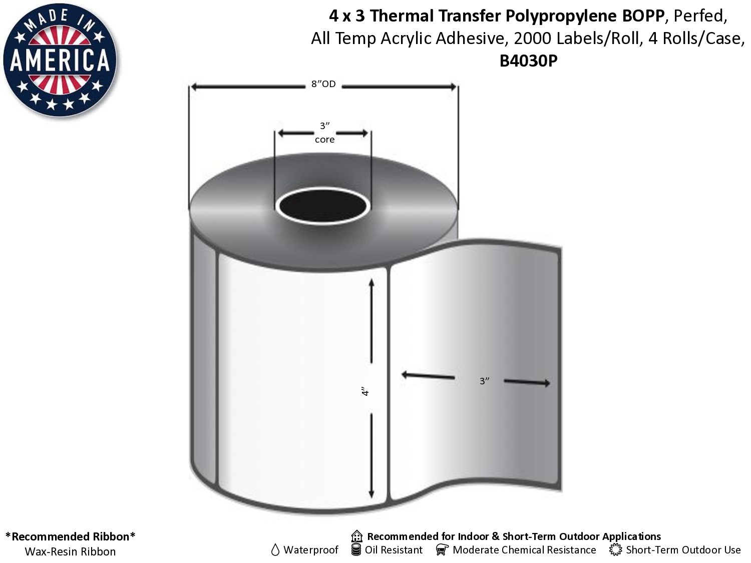 Thermal Transfer Matte Polyproylene 3" Core Labels